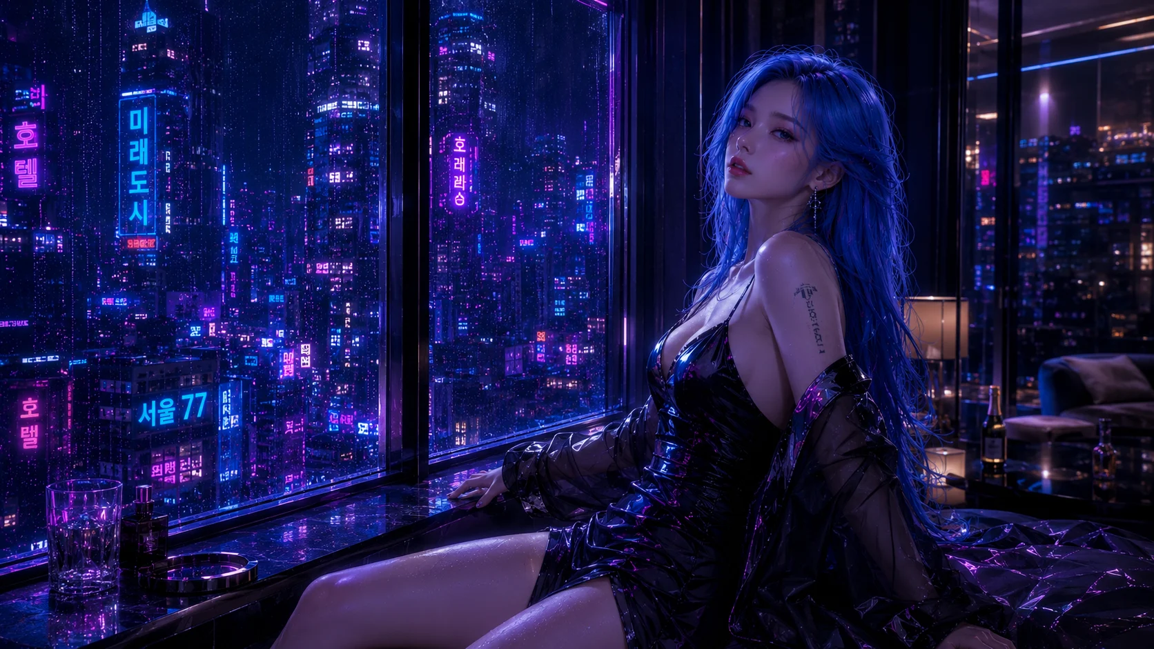 Nana in a black dress by a rain-streaked window overlooking the neon Seoul 77 skyline at night